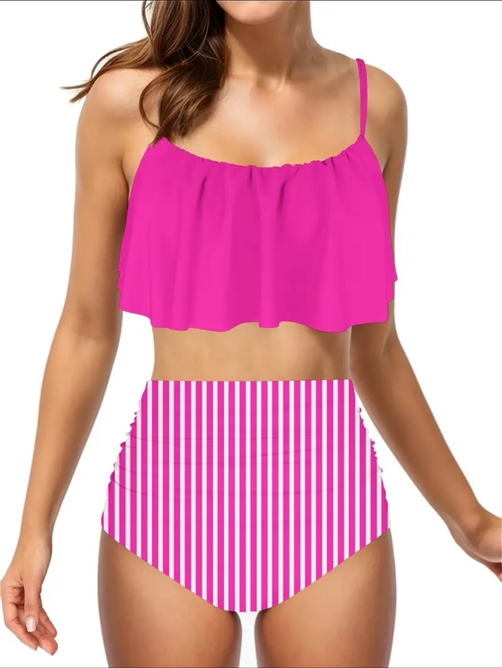 Women’s Pink Flounce High-Waist Bikini Set